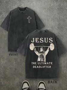 Retro Washed T-Shirt Double Sided Printed (230 Pure Cotton T-Shirt) 'JESUS THE ULTIMATE DEADLIFTER'  Letter And Fitness Pattern Print,  Christian Gift women's and men's tops TikTokShop Black Friday