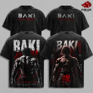 Baki Hanma Washed Gym Tee – Martial Arts Beast Mode Anime Graphic Double Printed T-Shirt, Menswear Heavy Cotton Unisex Oversize Pump Cover Vintage Streetwear