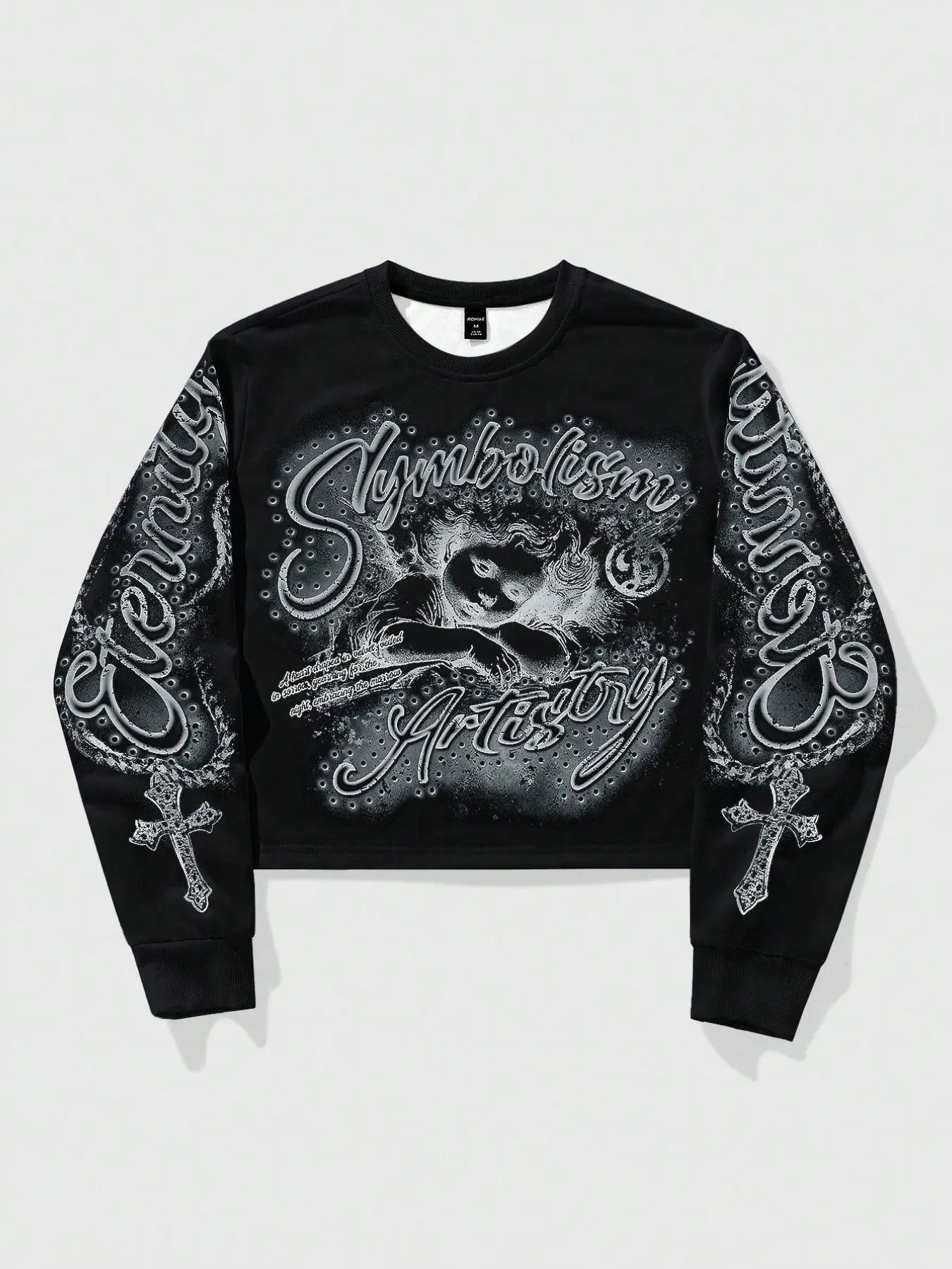 Women’s white cropped crewneck sweatshirt, cherub graphic print, "Symbolism Artistry" text, rhinestone cross details, "Eternity" lettering on sleeves, cropped length, soft fabric, streetwear style, y2k aesthetic, casual daily wear, Everyday, Long sleeve