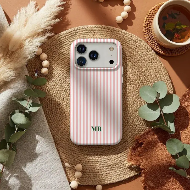 Customized Striped TPU Smartphone Case - Personalized Initials Monogram, Shockproof Polycarbonate Casing, Wireless-Friendly, Pink White, Cute Girly Gift, Accessories for iPhone 17,16,15,14 Devices