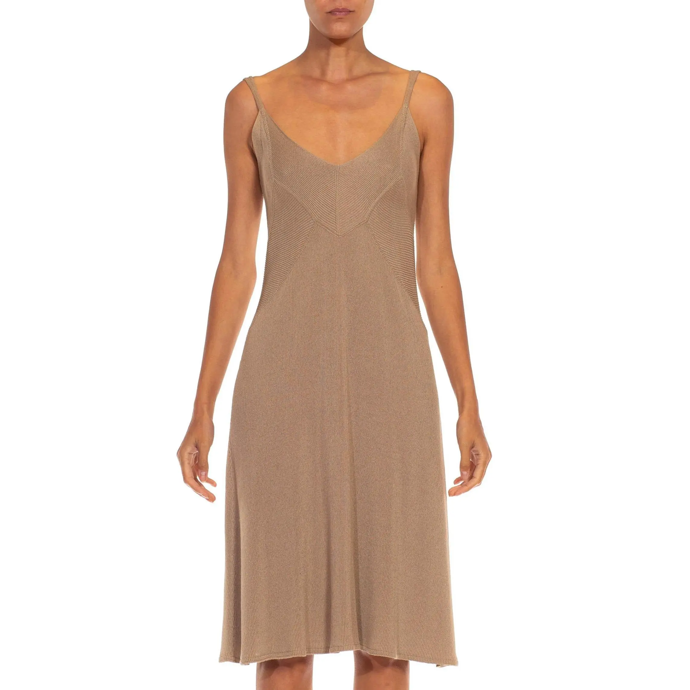 1990S DONNA KARAN Brown Wool Blend Knit Ribbed Original Sample Dress