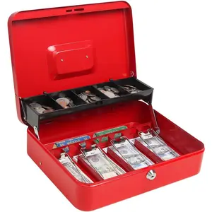 Cash Box with Money Tray and Key Lock, Large Money Box, 5 Compartments for Cions & 4 Spring-Loaded Clips for Bills, 11.8" x 9.5" x 3.5", K-Red