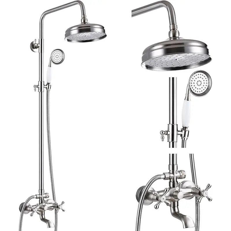 ATSHOWER Brushed Nickel Exposed Shower System Bathroom Shower Faucet Set with 8 Inch High Pressure Rainfall Shower Head Handheld Sprayer and 360 ° Rotation Tub Spout 2 Cross Handles Outdoor Shower Fixtures, Ceramic Handheld Shower
