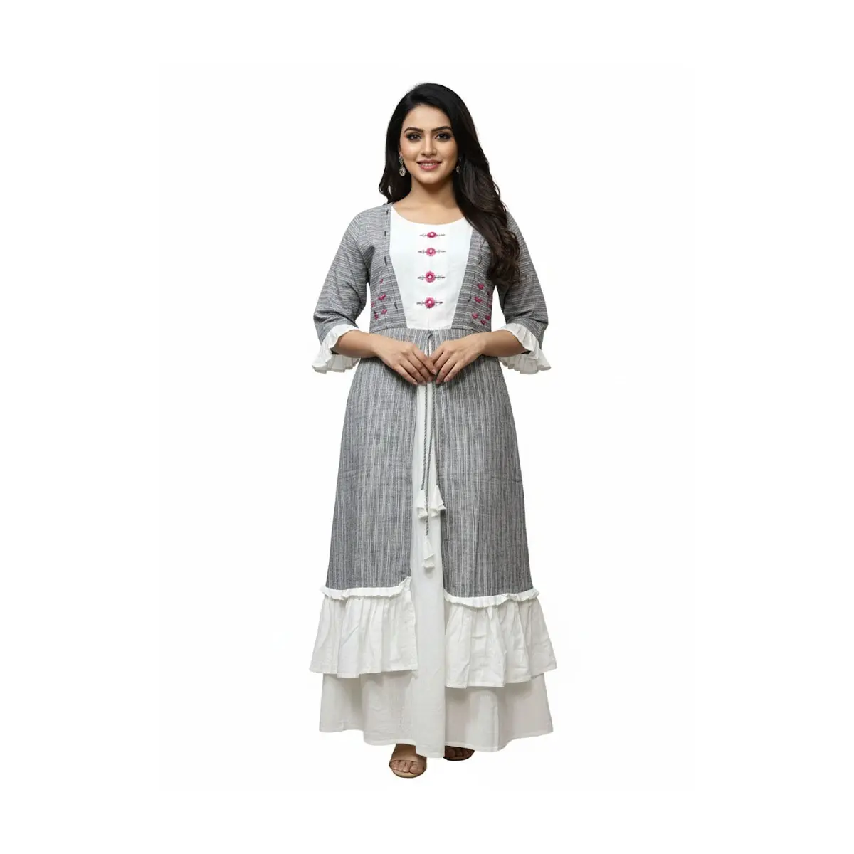 JK model Elegant Grey & White Layered Anarkali Dress with Embroidery -  TikTok Shop
