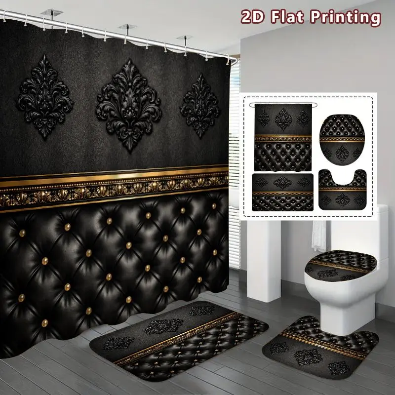 Baroque Elegance Flannel Printed Fabric Shower Curtain Set (2-Piece & 4-Piece Options) - Black & Golden Ornate Pattern, Includes Bath Mat, U-Shaped Mat, Toilet Lid Cover, Hooks, Luxury Home Bath Accessory