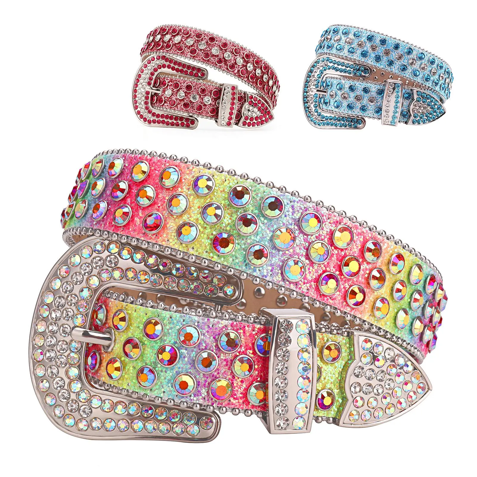 Rainbow Holographic Cowgirl Belt - Sparkling Rhinestone Western w/Y2K Glitter Punk | Festival Party Statement (Handmade Cow Leather) goth  belt