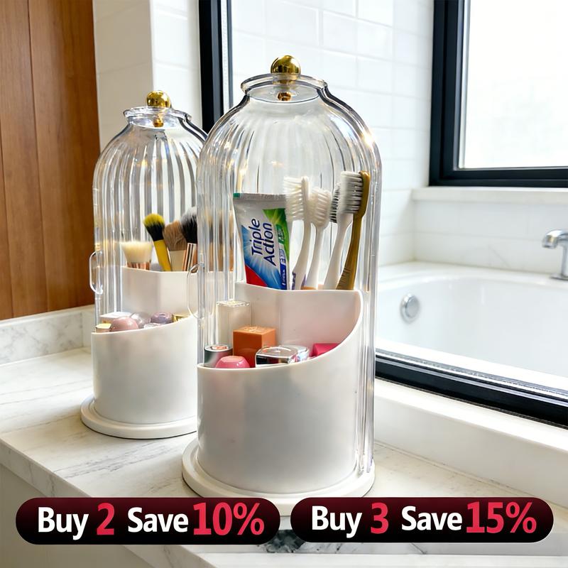 Dustproof Toothbrush Holders with Cover,Storage Bucket Organizers with Transparent Door Lid,360° Rotating Clearance Makeup Organizer for Vanity Bathroom Desktop Countertop Storage,Spinning Makeup Brush Holder Boxes,White&Grey,Multi-functional Storage