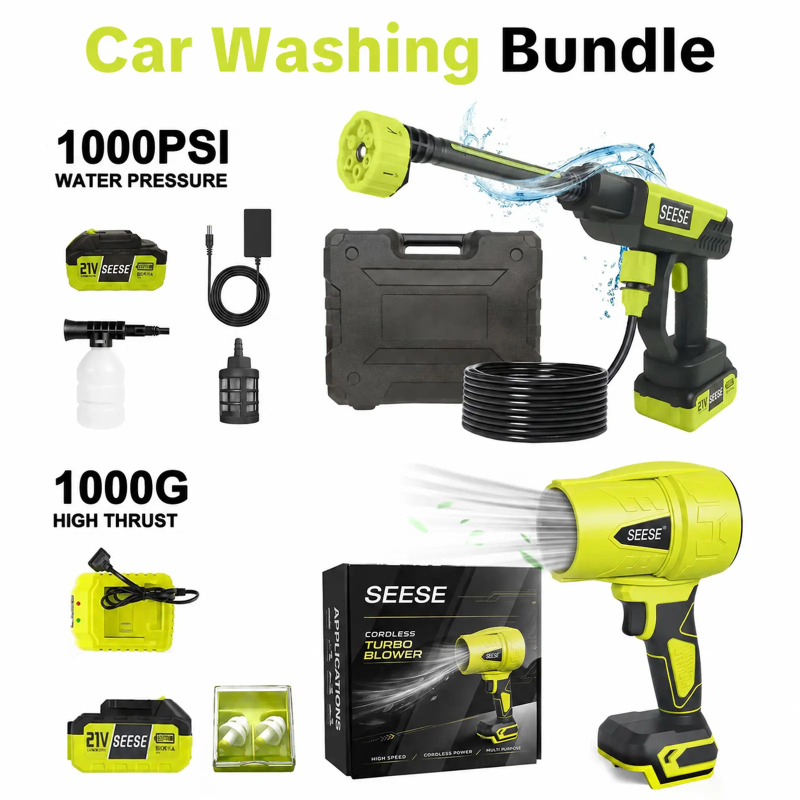 SEESE 21V Cordless Car Washing Bundle with 1000 PSI Pressure Washer & 1000G Turbo Leaf Blower | Portable Power Washer and Air Duster combo kit for Car Wash + Drying, Patio & Garden backtoschool