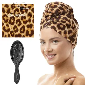 THE PERFECT HAIRCARE Microfiber Curly Hair Towel Wrap with Wet/Dry Brush - Fast Drying and Gentle Detangling for Women, Girls, Kids, Children - Great for Travel, Gifts and Hair Extensions (Leopard)