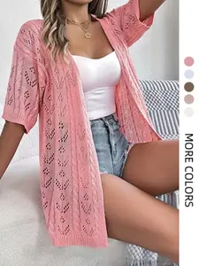 Women's Summer Casual Loose Fit Knit Cardigan, Multicolor Hollow Out Beach Style, Large Size Open Front Jacket, Fashionable and Comfortable, Knitwear