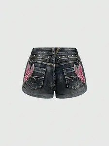 ROMWE Y2K Denim Shorts Low Waist Butterfly Embroidery Distressed Ultra Short Edgy Festival Outfit