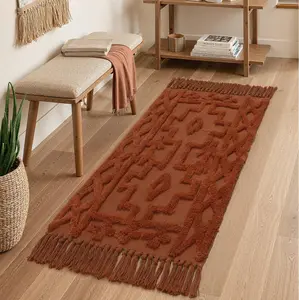 Boho Bathroom Runner Rug 2' x 4.3', Washable Woven Cotton Bedroom Runners, Terracotta Aesthetic Tufted Entryway Runner Rugs, Bohemian Tribal Throw Rug for Bedside Living Room Laundry Kitchen