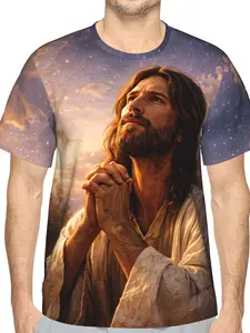 Men'S 3D Printed Christ T-Shirt, Religious Prayer Pose with Sunset Sky And Starry Background, Polyester Breathable Short Sleeve Casual Streetwear Tee for Daily Wear S-3XL