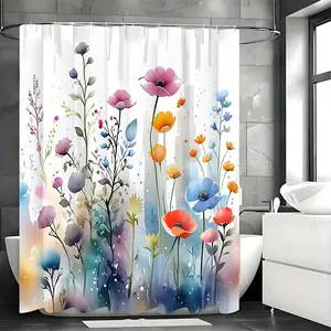 1pc Vibrant Flower Shower Curtain - Durable Waterproof Design with Hooks, Instantly Enhances Spring Bathroom Aesthetics - Premium Home Decor Accessories, Metal, Installation