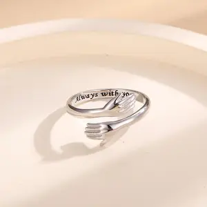 925 Sterling Silver Hug Ring for Women Men Adjustable Hugging Hands Open Love Promise Friendship Wedding Ring