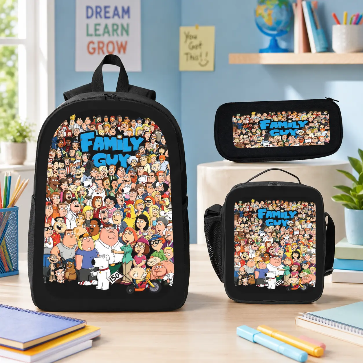 3-Piece Cartoon Family Guy Character Collage Graphic Backpack Set - Synthetic, Casual, All Seasons, Built-in Organizer, Includes Lunch Bag & Pencil Case, Lightweight for Back to School Haul (For Boys & Girls), Cute, Family Guy Fans, Multi-Function