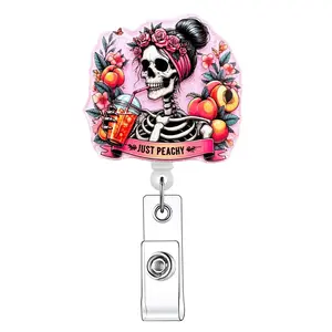 Skull Pattern Retractable Badge Reel, Badge Reels Retractable, 1 Count/20pcs Acrylic ID Holder with Clip for Nurses, Doctors, Students & Office Staff, Halloween