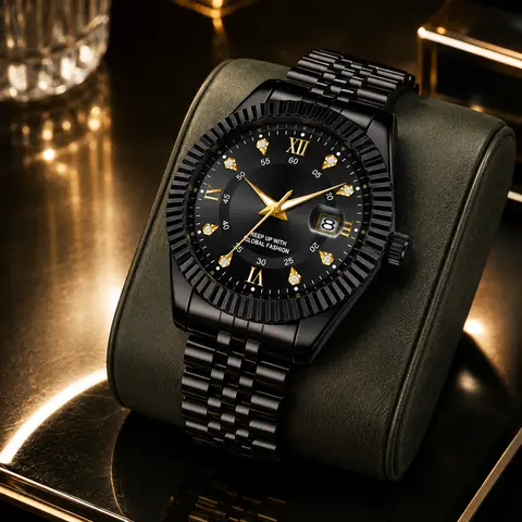 Men's Luxury Quartz Analog Watch - Classic Round Dial, Stainless Steel Bracelet, Fluted Bezel, Roman Numerals, Calendar, Elegant Durable Steel Wrist Watch, Chic Fashion Business Accessory, Chic Fashion Men's Watches