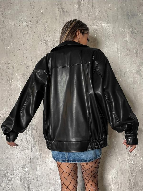 Zip Up Drop Shoulder PU Thick Leather Jacket *LooKo