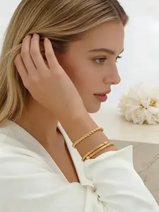 18K Gold Plated Stainless Steel Cuff Bracelet Set - 2Pcs Stackable Adjustable Gold Toned Bangles, Elegant Jewelry Bracelet, Tarnish Free Hypoallergenic Jewelry for Women, All Seasons