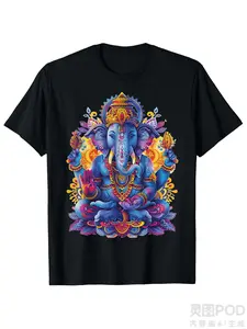 Men's Cotton Ganesha Hindu God Elephant Head Yoga Meditation T-Shirt - Vibrant Indian Spiritual Design with Auspicious Red & White for Lotus Print, Breathable Round Neck Short Sleeve Casual & FesSame style for men and women  summer short-sleeved