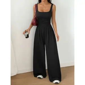 Women's Latest Casual Knitted Plain Square Neck Vest, Fashion Comfort Simple Versatile Fitted Wide Leg Jumpsuit AestheticRAIMENTRY