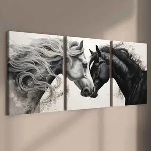 3-Piece Horse Art Canvas Prints, Wood, & Animal Wall Decor, Modern Home Decoration, High-Quality Waterproof Posters