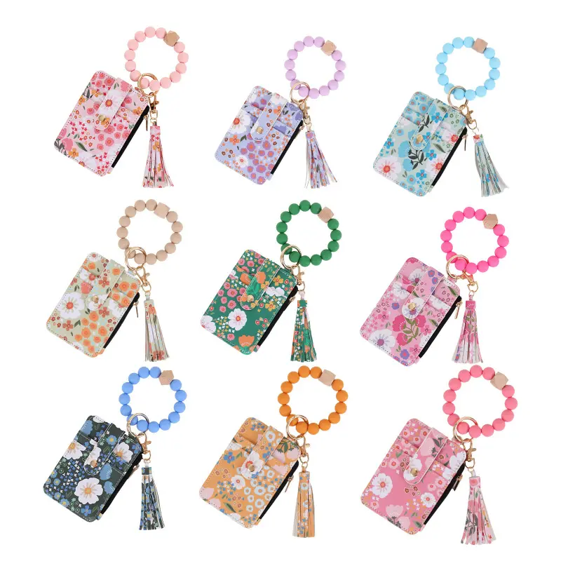 Floral Print Multi-Function Card Holder - Wristlet, Keychain, Integrated Coin Purse & ID Holder with Gold-Plated Crystal Tassel Earrings, Small Gift for Girls