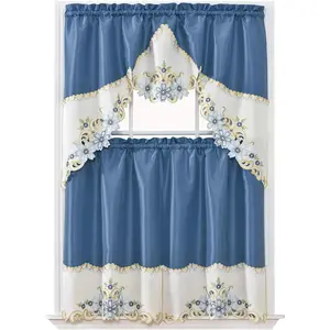 Arch Floral Kitchen Curtain Set Swag Valance & Tier Set Nice Matching Color Floral Embroidery on Border with cutworks (Riverside Blue)