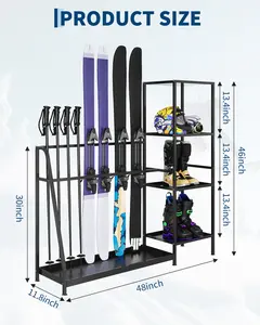 Heavy Duty Freestanding Ski Storage Organizer, Steel Floor Rack for Garage Mudroom, Multi-Functional Holder for Skis Poles Boots Helmet Goggles, 4 Pairs Capacity Black Size 48×12×46 Inch