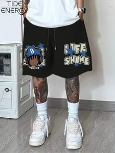Men's Life Shine Cartoon Print Sport Shorts, Hip Hop Street Style, Featuring Cold Hat & Earphones, Life Shine Text & Blue Stars