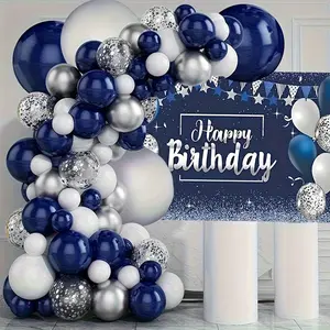 Navy blue and Silvery white balloon arch set with Silvery confetti balloons, used for boys' birthdays, weddings, graduation parties decoration, gender revealing, sailing themed party decoration
