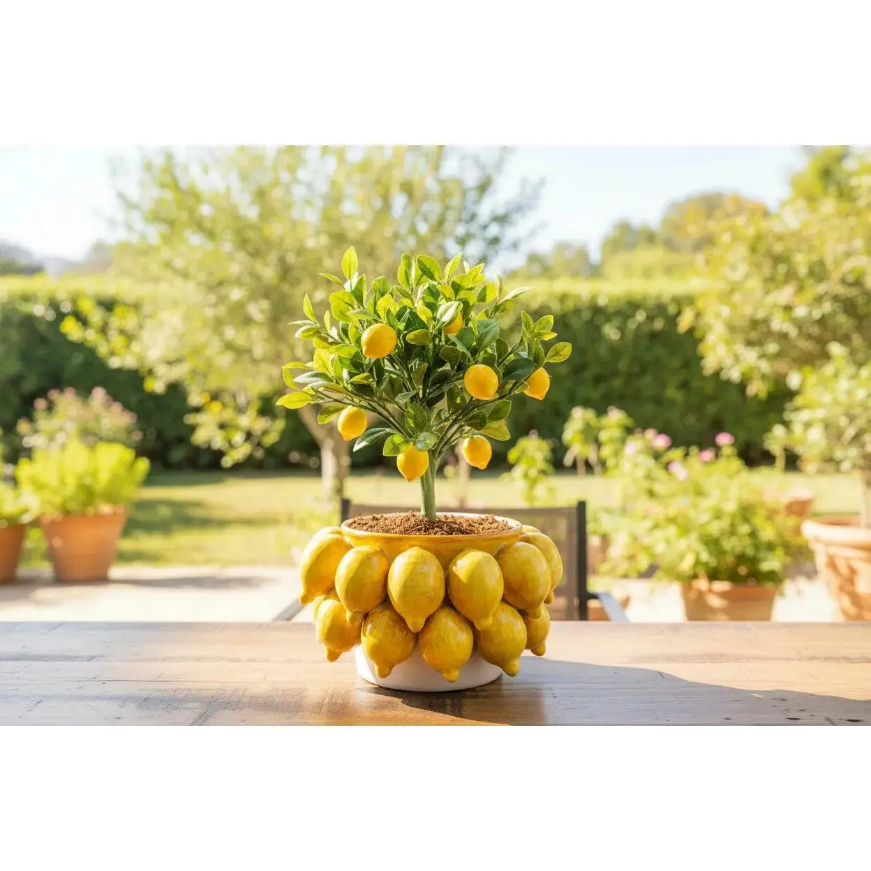 Handmade Coastal Citrus Luxury Earthenware Pottery Planter - 12x7.5" (12in Diam, 7.5in Hgt), 3D Hand-Sculpted Lemons, 10 lbs, White Interior, Dining Room Sideboard Decor Collectible