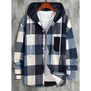 Men's casual plaid hooded jacket-lightweight polyester, button-up with drawstring & chest pocket, contrast color design for spring/fall