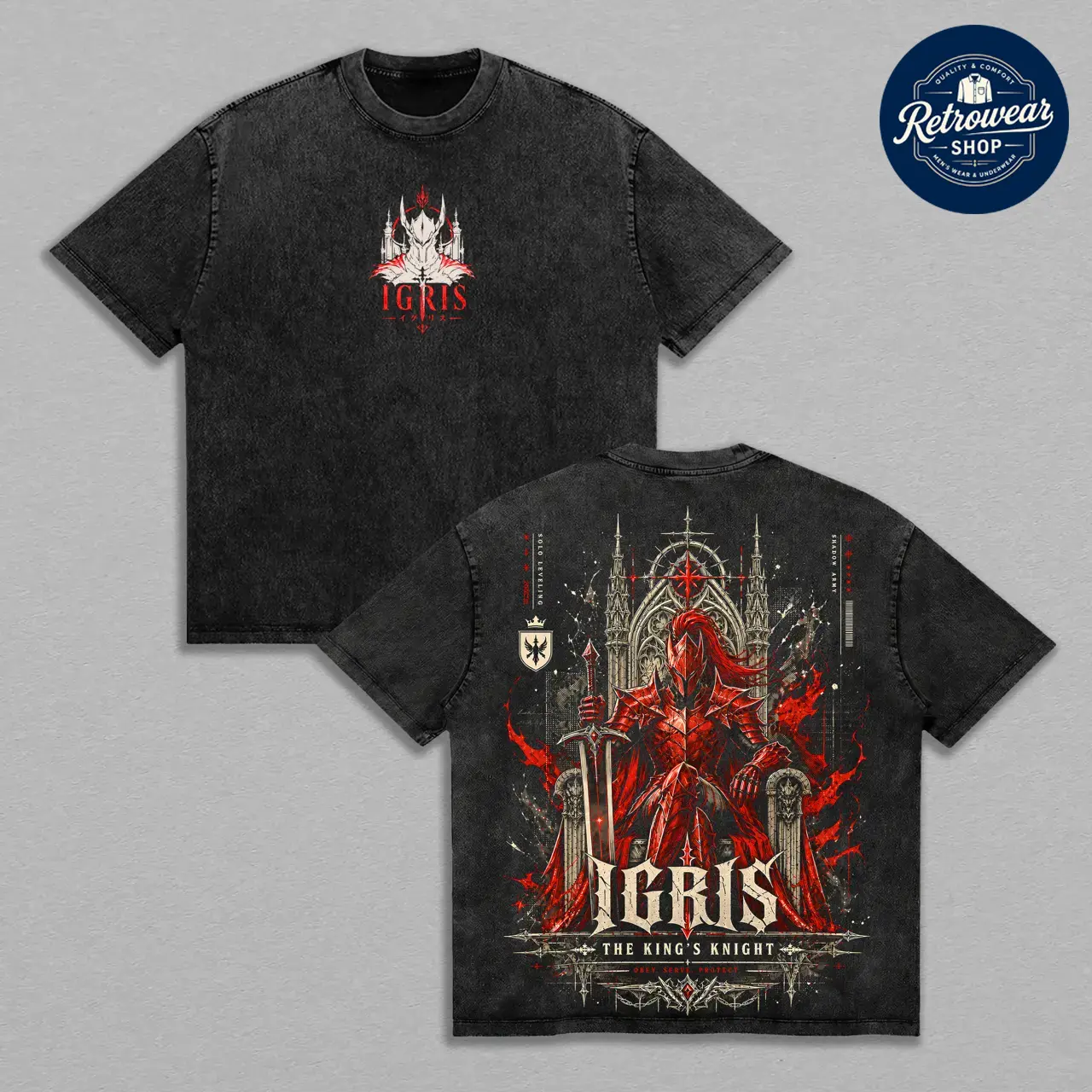 Igris Solo Leveling Shadow Monarch Knight Double Printed Vintage Tee, Red Armor Loyal Protector Royal Sword Dark Fantasy Anime Graphic Shirt Heavyweight Cotton Streetwear