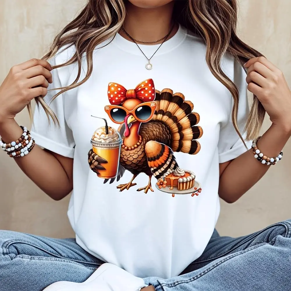 Cute Turkey With Sunglasses And Coffee Print T-Shirt, Thanksgiving Day Holiday Graphic Tee, Autumn Festival Party Casual Wear