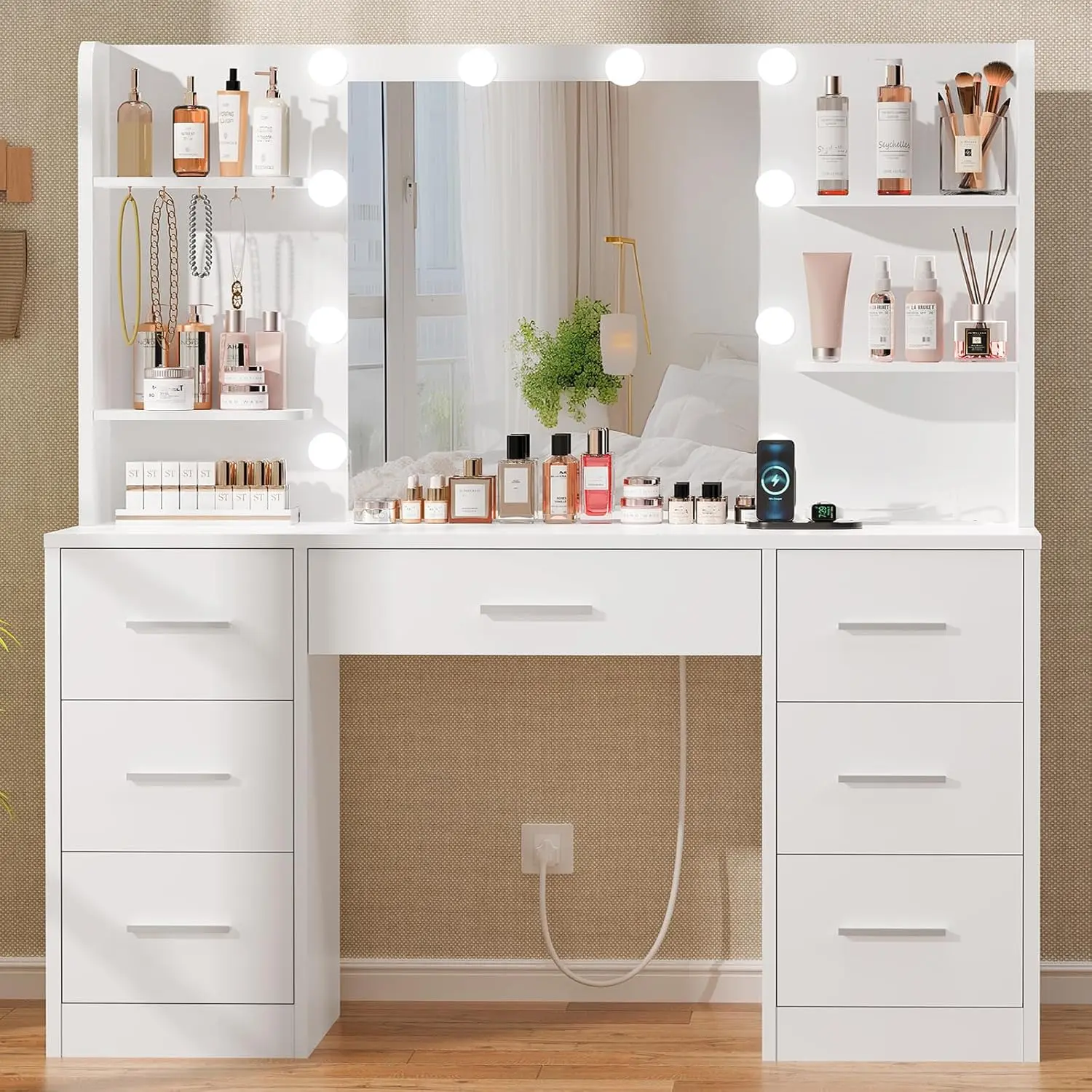 Quimoo Large Vanity Desk with LED Lighted Mirror & Power Outlet,Makeup Vanity Table with 7 Drawers,4 Shelves and 5 Hooks,Vanity Table, Vanity Desk Set for Bedroom,Bathroom,White