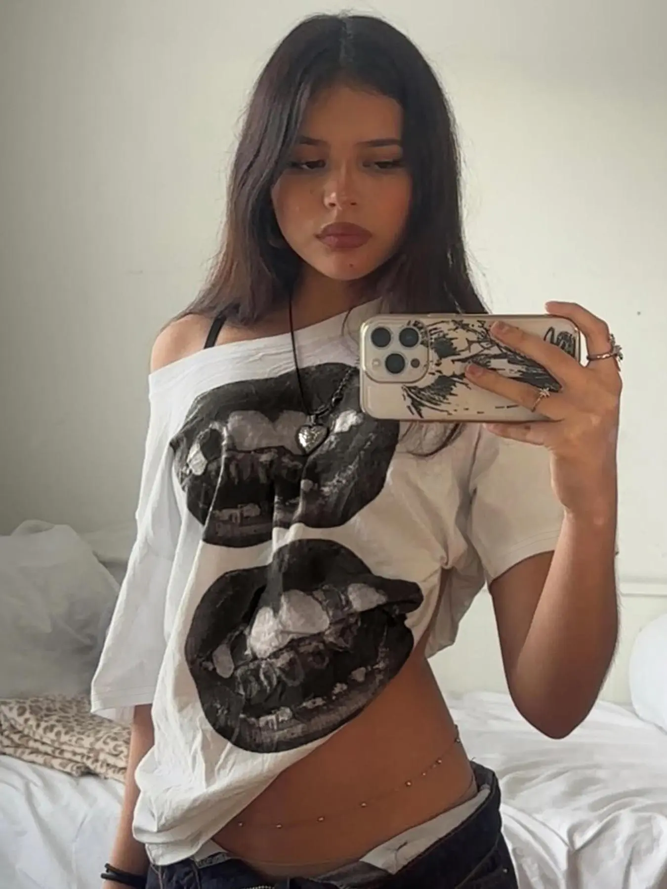Women's Graphic Print Asymmetrical Neck Tee, Bold Graphic Tee, Fashion Chic Casual Loose Fit Oversized T-Shirt for Daily Vacation Outdoor, Ladies Clothes for Summer, Womenswear, Streetwear, Casual Breathable Comfy Top