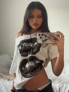 Women's Graphic Print Asymmetrical Neck Tee, Fashion Chic Casual Fit Loose Casual T-shirt for Daily Holiday Vacation Outdoor Wear, Ladies Clothes for Summer, Womenswear, Streetwear, Casual Breathable Top, Casual Fashionable Top, Tshirt, Casual Style Tee