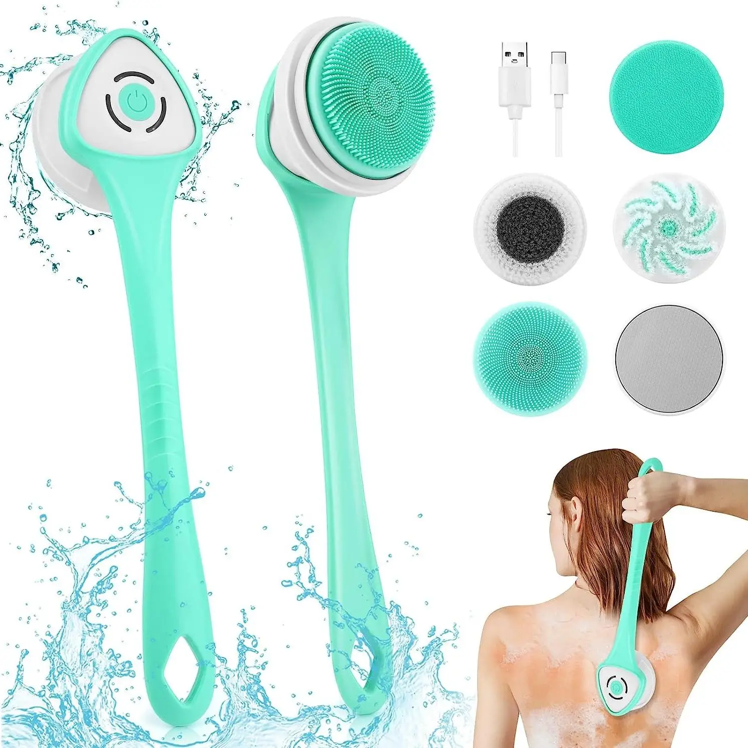 USB Rechargeable Electric Spin Scrubber With 5 Brush Heads, 1 Count Electric Shower Brush, Shower Scrubber With Removable Long Handle, Exfoliating Bod