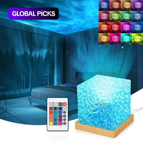 USB Wave Projector Table Lamp, 16 RGB Colors with Remote & Touch Control, Sea Wave & Aurora Effect, Adjustable Atmosphere Light, Dimmable Mood Lamp, Ambient Glow Light, Acrylic Base Night Light for Bedroom & Living Room