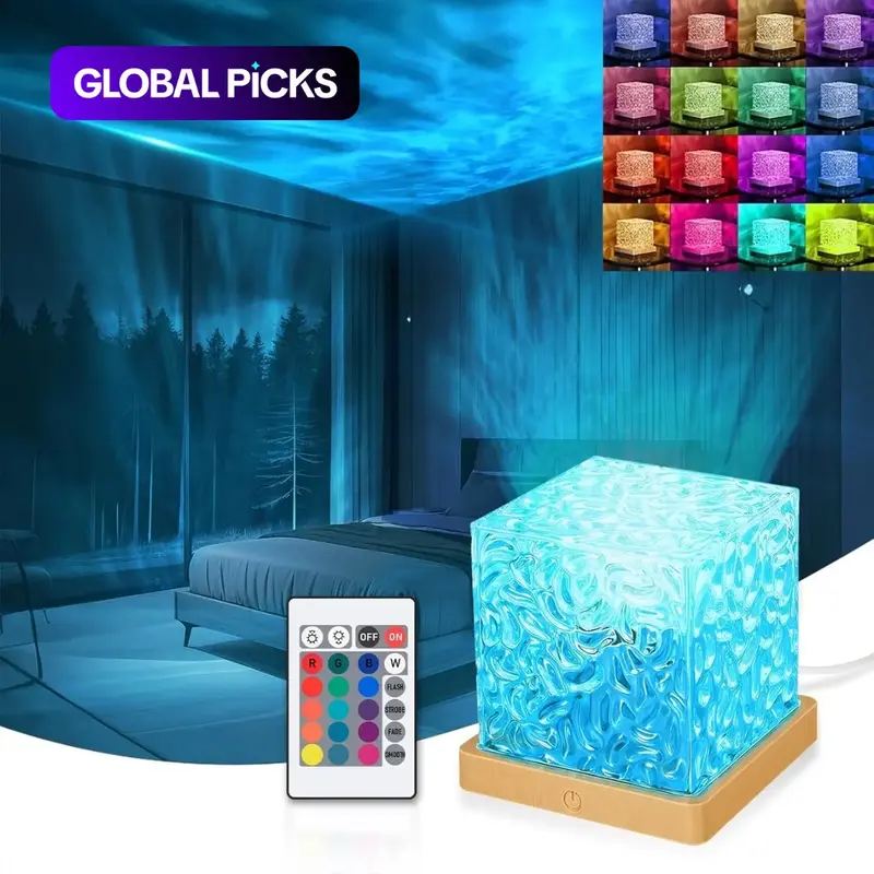 USB Wave Projector Table Lamp, 16 RGB Colors with Remote & Touch Control, Sea Wave & Aurora Effect, Adjustable Atmosphere Light, Dimmable Mood Lamp, Ambient Glow Light, Acrylic Base Night Light for Bedroom & Living Room