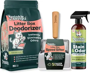 Sprinkle & Sweep Litter Box Deodorizer - Cat Litter Deodorizer Non Toxic and Safe for Kittens - Instantly Eliminates Foul Smells and Urine Odors (Bag, Sifter & Spray)