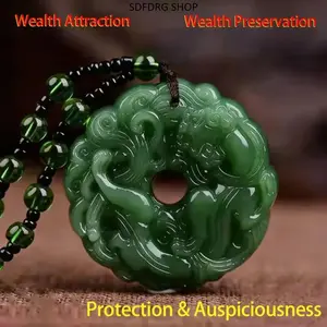 Green Jade Hand-Carved Pixiu Pendant Necklace - Chinese-Inspired, Green Stone, Hand-Crafted Unisex Men's Feng Shui Jewelry, 70cm Wealth & Protection Lucky Amulet, Handmade Unique Design, Ideal Birthday Gift, Chinese-Inspired Necklaces, Green Stone Necklac
