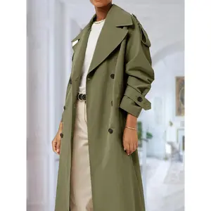 Women'sOversizedLongWindbreakerWithDouble-breastedLapels,WindproofJacketWithBelt