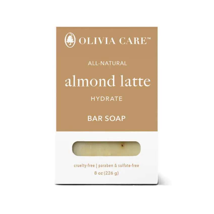 Olivia Care Almond Latte Exfoliating Bar Soap 8 oz Cruelty-Free Paraben & Sulfate-Free Body Care Cleanser with Coffee Beans & Essential Oils