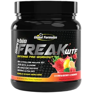 Global Formulas SUPER bioFREAK WTF Pre Workout -25 Servings Glycerol Free for Hardcore Lifting & Endurance Support Protein Nutrition Supplement Protein Natural Blend