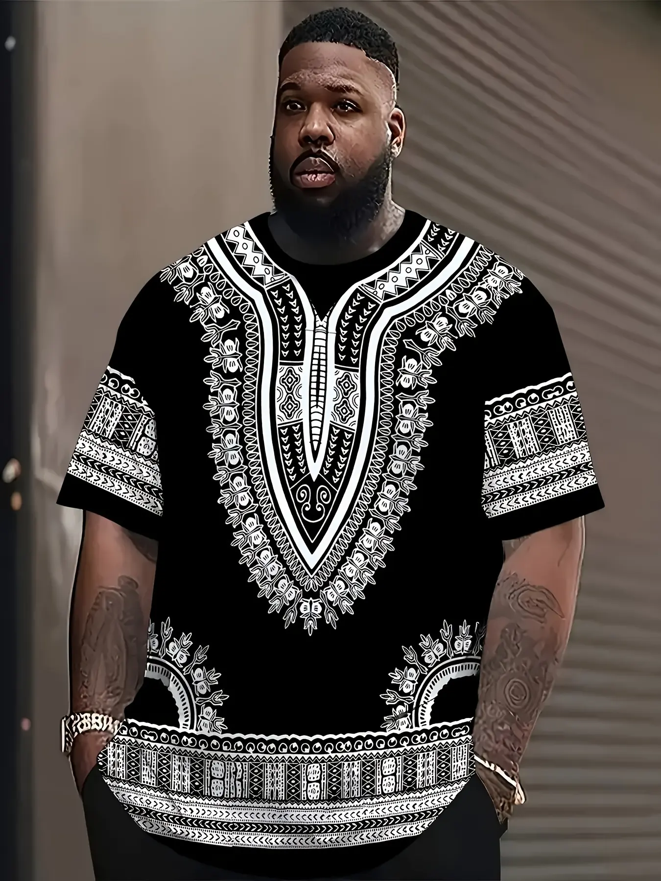 Men'S Plus Size African Style Casual Shirt, Soft Breathable Fabric, 3D Printed Ethnic Pattern, Short Sleeve Round Neck, Washable, All-Season Comfortable, African Design Shirt, Loose Fit
