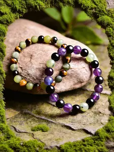 Natural Stone Beaded Bracelet Set, Tiger Eye Jade & Glitter Amethyst, Boho Style, All Seasons, Gift Option