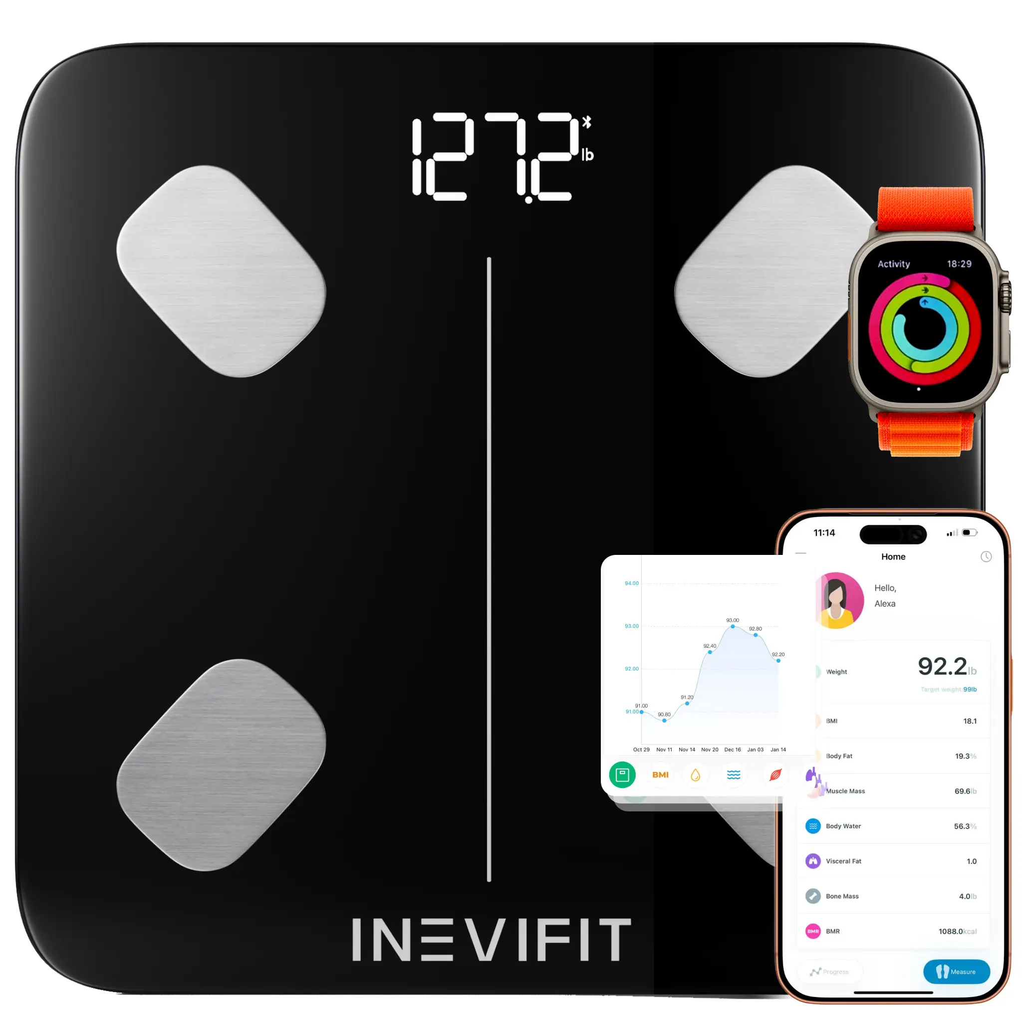 INEVIFIT Smart Body Fat Scale, Highly Accurate Bluetooth Digital Bathroom Body Composition Analyzer, Measures Weight, Body Fat, Water, Muscle, Visceral Fat & Bone Mass for Unlimited Users